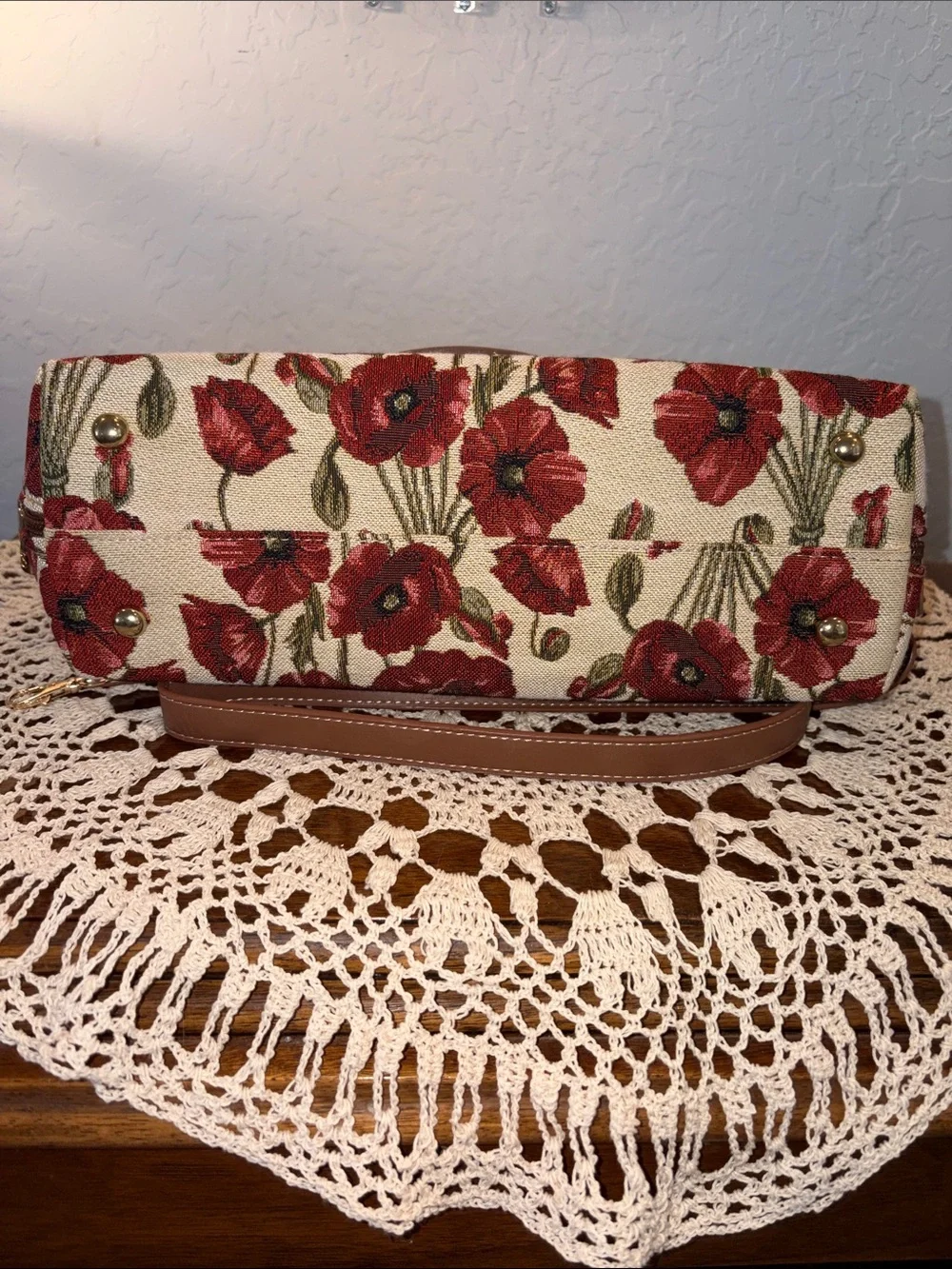 Signare Red Floral Satchel with Brown Handles